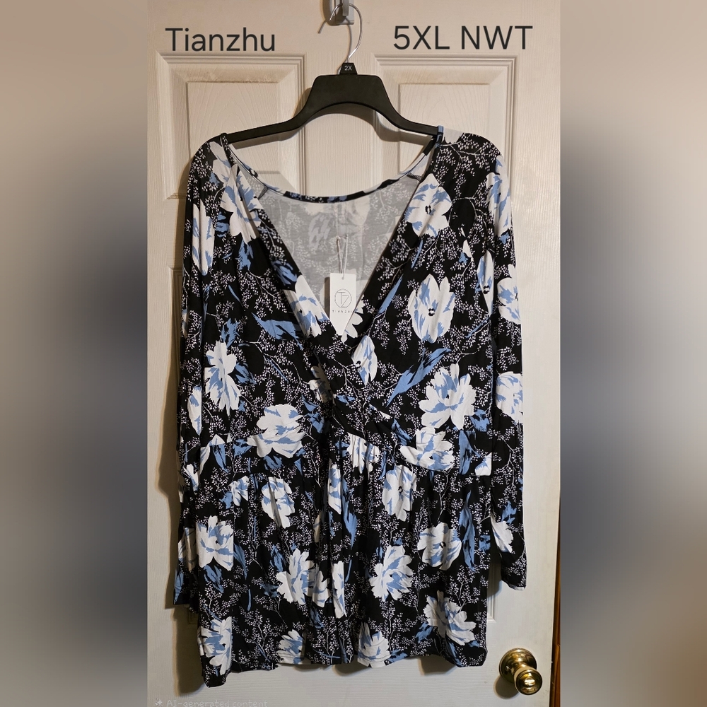 Plus Size Black Floral Surplice Tunic - 5XL